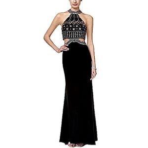 Xscape cut-out embellished black halter gown